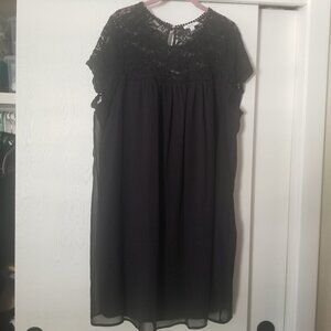 A.U.W 3X Black Chiffon Dress Lace Top Keyhole Back Shift
